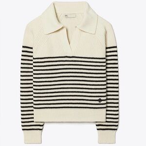 Tory Burch Striped 100% Wool Open Collar Sweater Collared Women's Size L